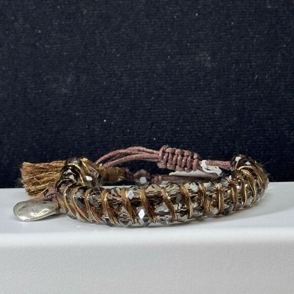 J Jill Crystal Beads Wrapped stranded Brown Pull Cord Bracelet Bolo W Tassle - Picture 4 of 8